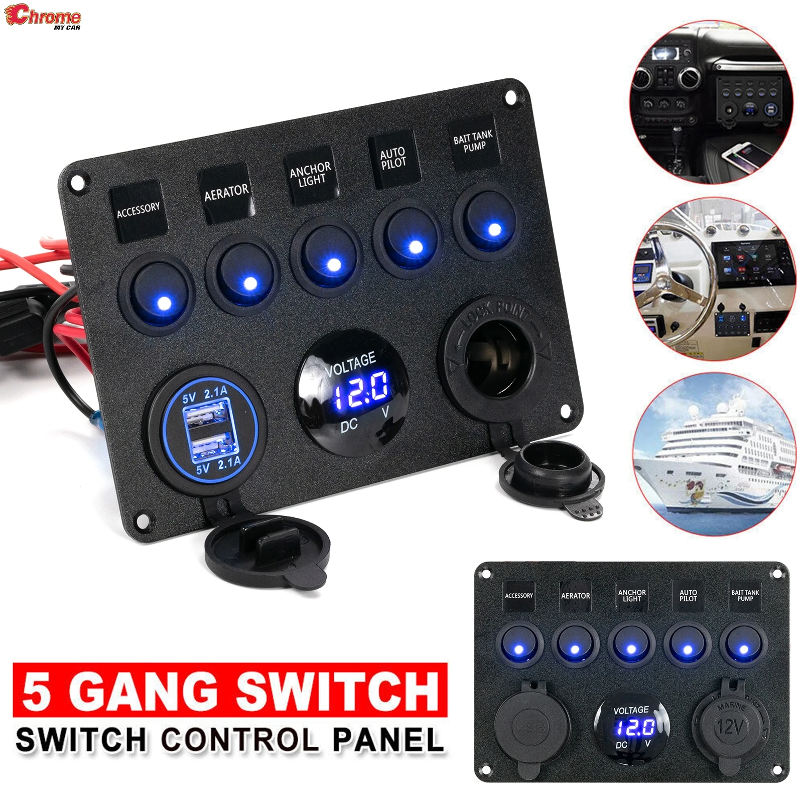 

5 Gang LED Rocker Switch Panel Control Dual USB Port Charger Circuit Breaker ON-OFF Toggle For Car Trucks Marine Boat RV 12V 24V