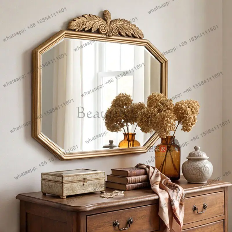 European retro premium vanity mirror wall-mounted living room entrance octagonal carved border vanity mirror 4