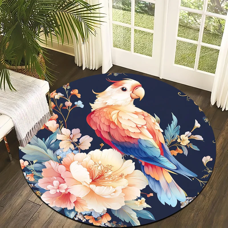 Brightly Colored Parrot & Peony Flannel-printed round floor mats are slip-resistant Suitable living room terrace garden carpets