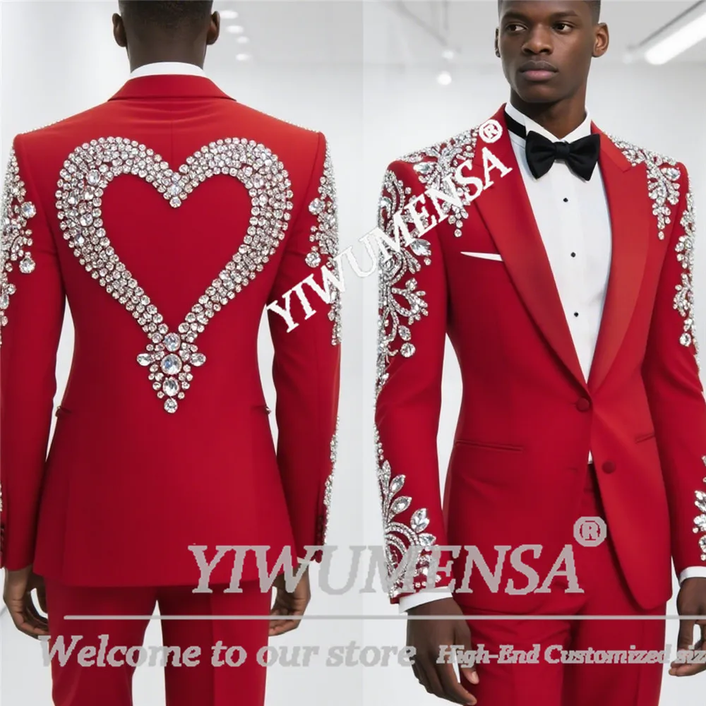 الذكور بدلة على الموضة الرجال 2 قطعة مجموعات الماس مطرز العريس الزفاف البدلات الرسمية مخصصة واحدة الصدر سترة السراويل 2 قطعة وتتسابق