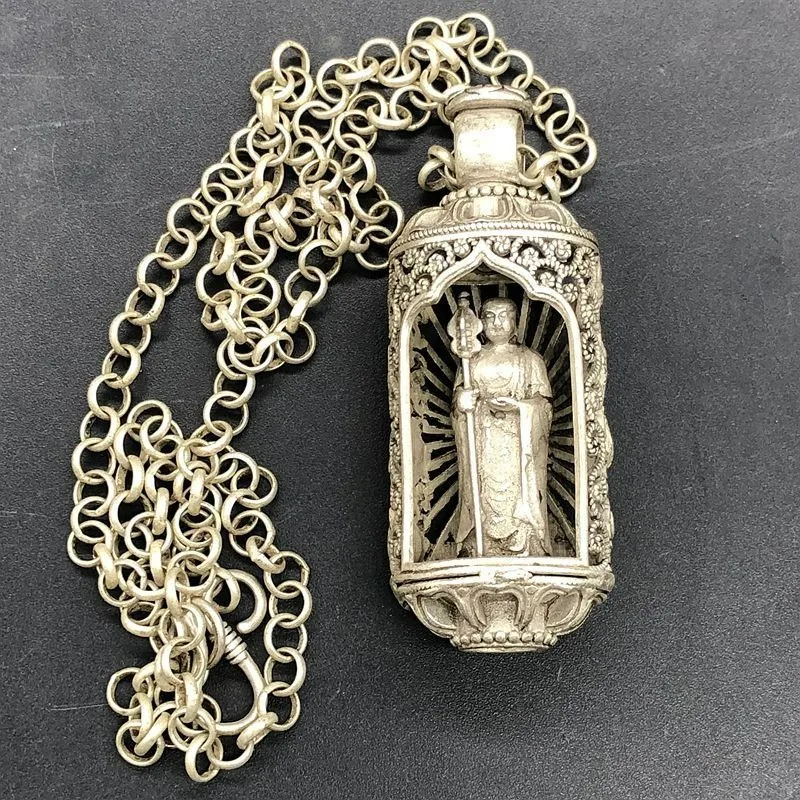 Vintage Ksitigarbha Buddha Lock Pendant, Antique Copper Alloy Amulet Necklace, Retro Collectible Jewelry for Men Women