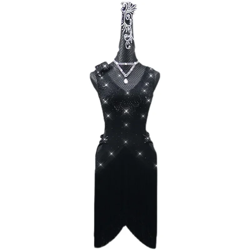 

Latin Dance Dress Competition Women Girls Black Red Latin Dance Costumes For Women Sparkly Rhinestone Latin Dresses For Girls