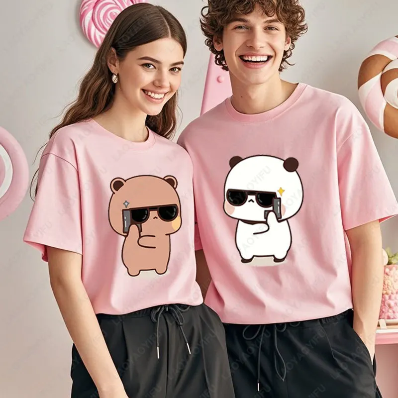 Kawaii Bubu Dudu Couple Shirt Bear Panda Are Spy Love Things Couple Do Tshirt Cute Matching Cotton T-shirt Man Woman Casual Tees