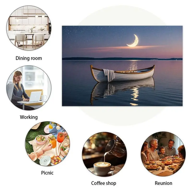 Conjunto de mantel de 4 peças, design elegante do lago do pôr do sol, fácil de limpar, 12 × 18 polegadas, perfeito para jantares e celebrações.