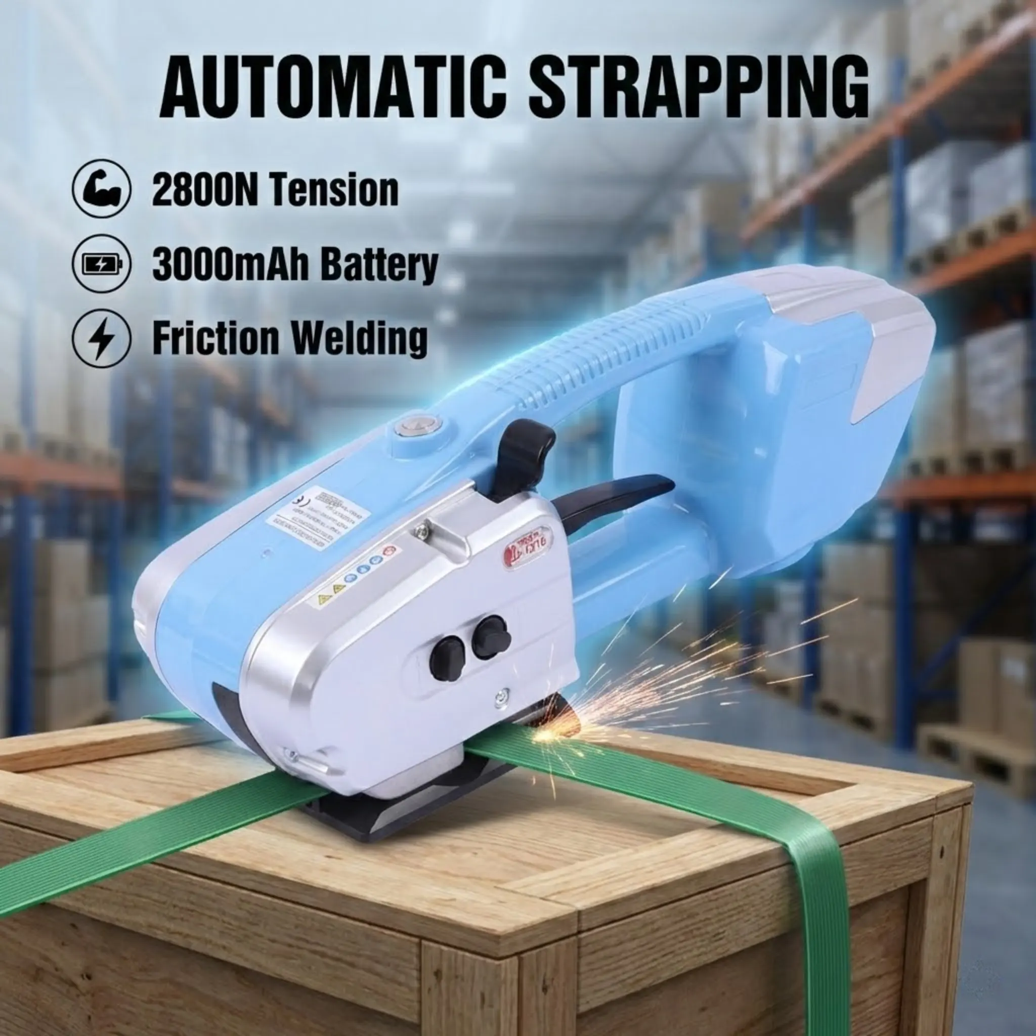 

Электрический стреппинг-инструмент для лент ПП/ПЭТ, портативный, на аккумуляторе, натяжение 2800Н, перезаряжаемый 3000мАч, эффективная сварка трением