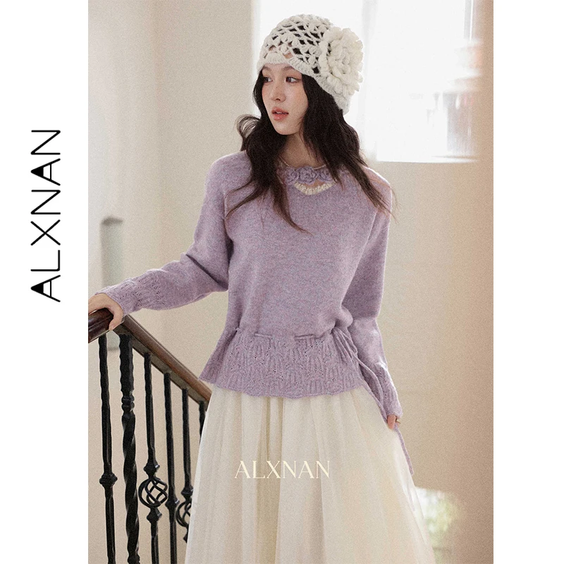

ALXNAN Women's Sweater Purple Winter 3D Floral Unique Neckline Drawstring Waist Sweater Fashion Elegant Loosr-fit Tops L60379