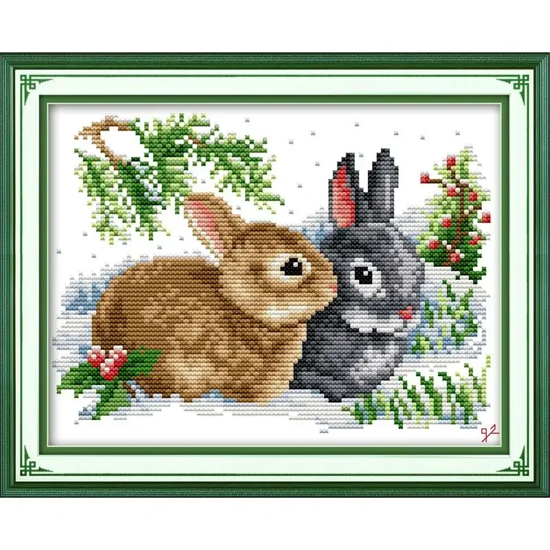 

Joy Sunday Pre-printed Cross Stitch Kit Easy Pattern Aida Stamped Fabric Embroidery Set-Lucky Rabbits