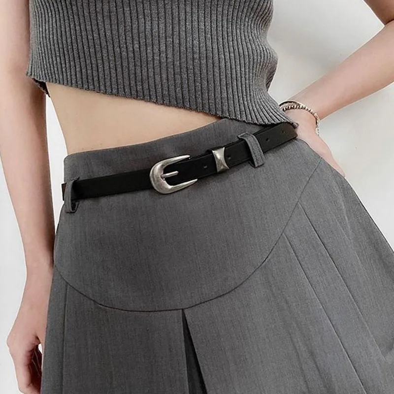 Retro Semicircle Buckle Belt Women's Stylish PU Leather Thin Waistband Pressure Line Edge Decoration Pants Versatile Waist Band