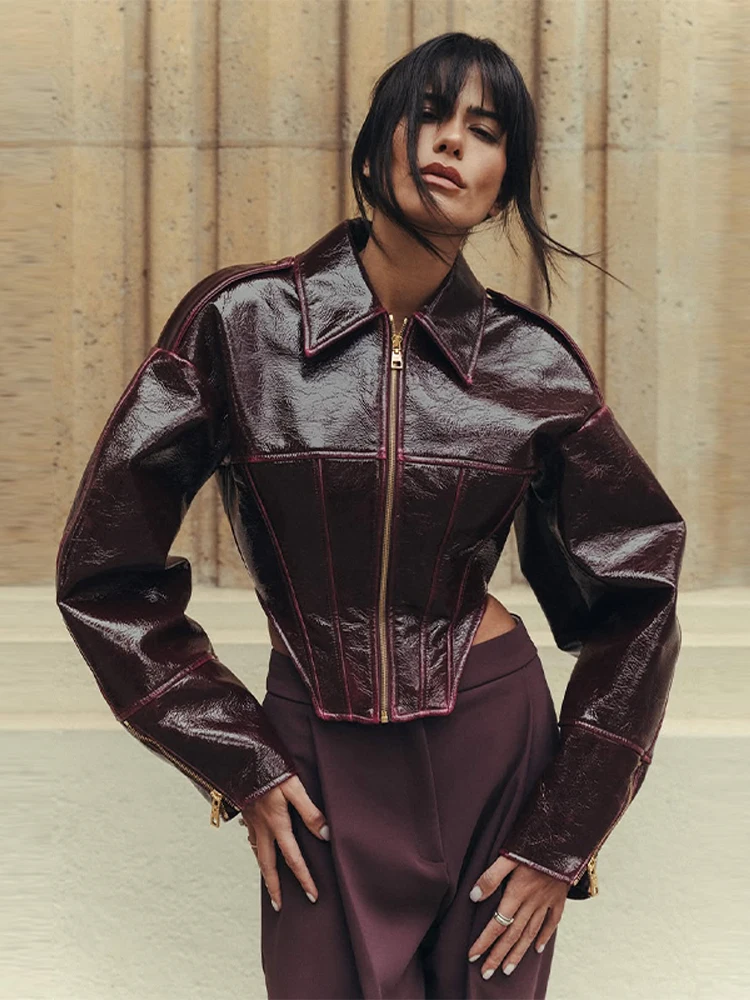 Shiny Women Faux Leather Coat Cropped Tunic Long Sleeve Zipper Female Jacket Chic Turn-down Collar Streetwear Clothing 2026