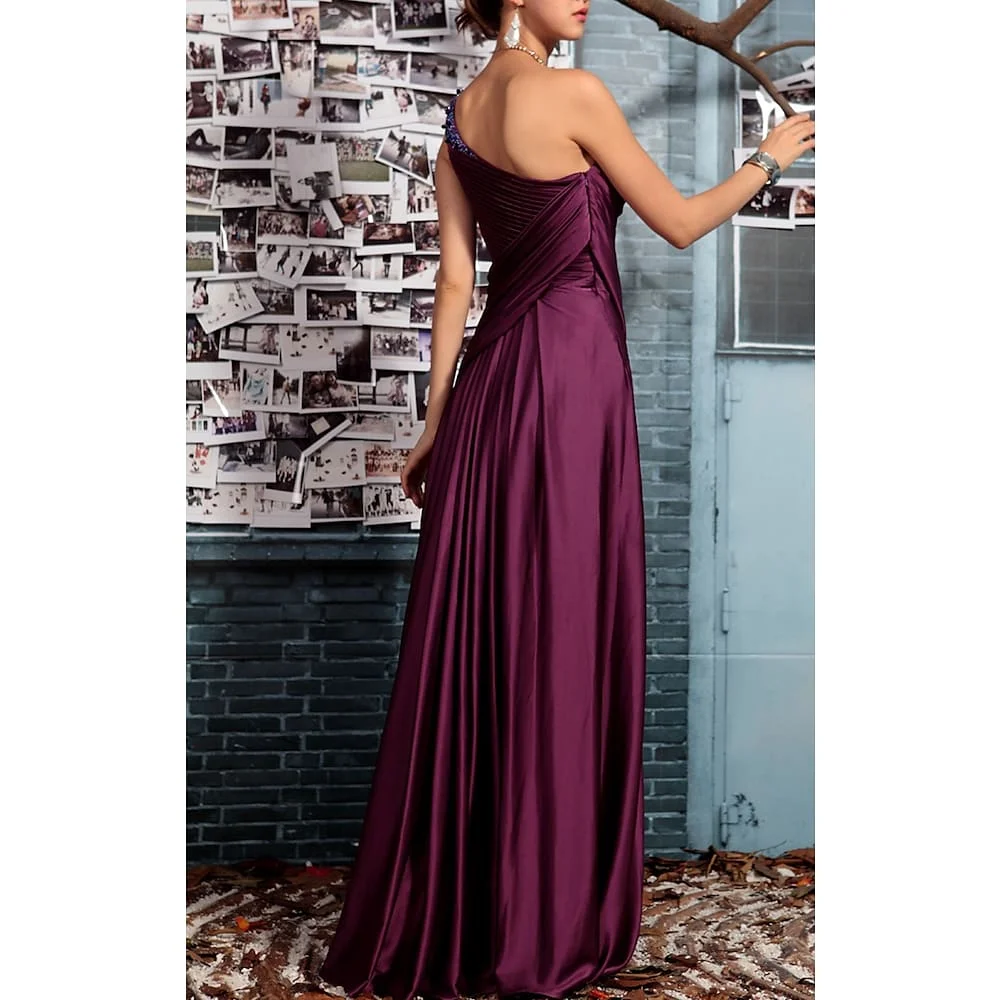 Elegant One Shoulder Grape Satin Ruched Long Formal Gown Custom Made Floor Length Evening Dresses for Women Party