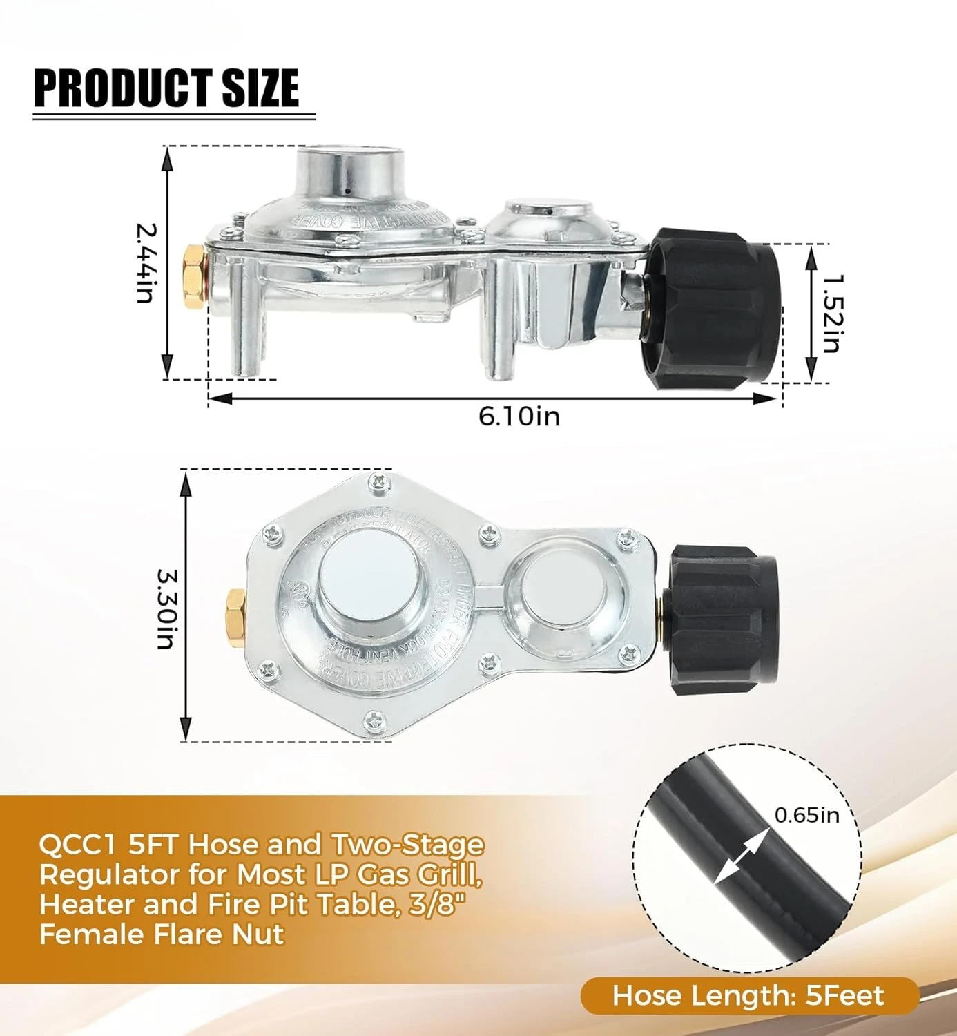 5FT Two-Stage Propane Regulator with Hose QCC1 & 3/8