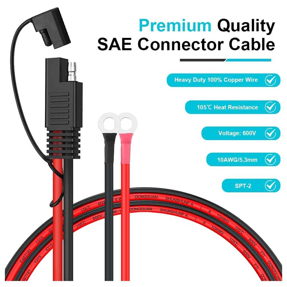 Gadpow 10AWG SAE 2 Pin Quick Release Connector to O-ring Terminal Harness Connector with 15A Fuse for Battery Charger Cable