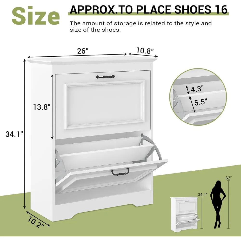 Shoe Cabinet with 2 Flip Drawers, Shoe Storage Cabinet with Metal Flip Stand, Back Dust Plate, Hidden Shoe Rack Cabinet
