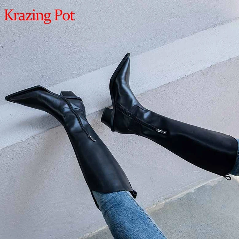 Krazing Pot Winter Genuine Leather Zipper Long Boots Pointed Toe High Heels European Lazy Design Keep Warm Knee-high Boots L88