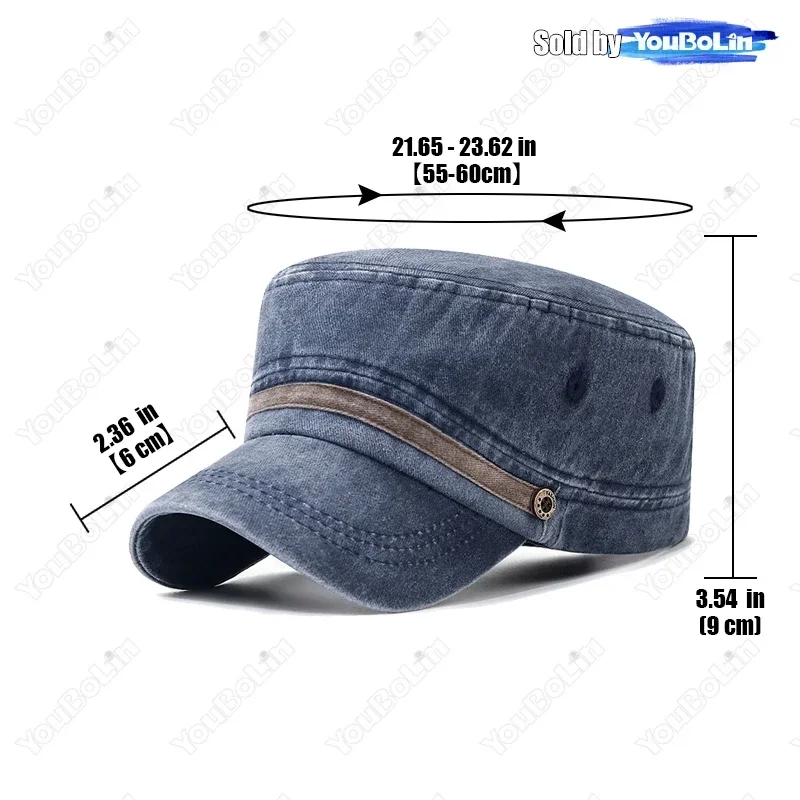 Washed Cotton Breathable Flat-Top Cap with Button Detail,Outdoor Sun Hat for Middle-Aged and Older Men,Trucker Caps,Dad Hats
