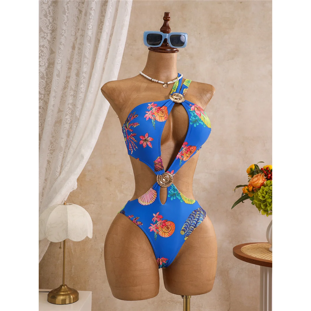 Blumenmuster, asymmetrischer Schnitt, einteiliger Badeanzug für Damen, One-Shoulder-Design, mit Ausschnitten, Monokini, Badebekleidung, Badeanzug, Modell V8370. – Detail 18