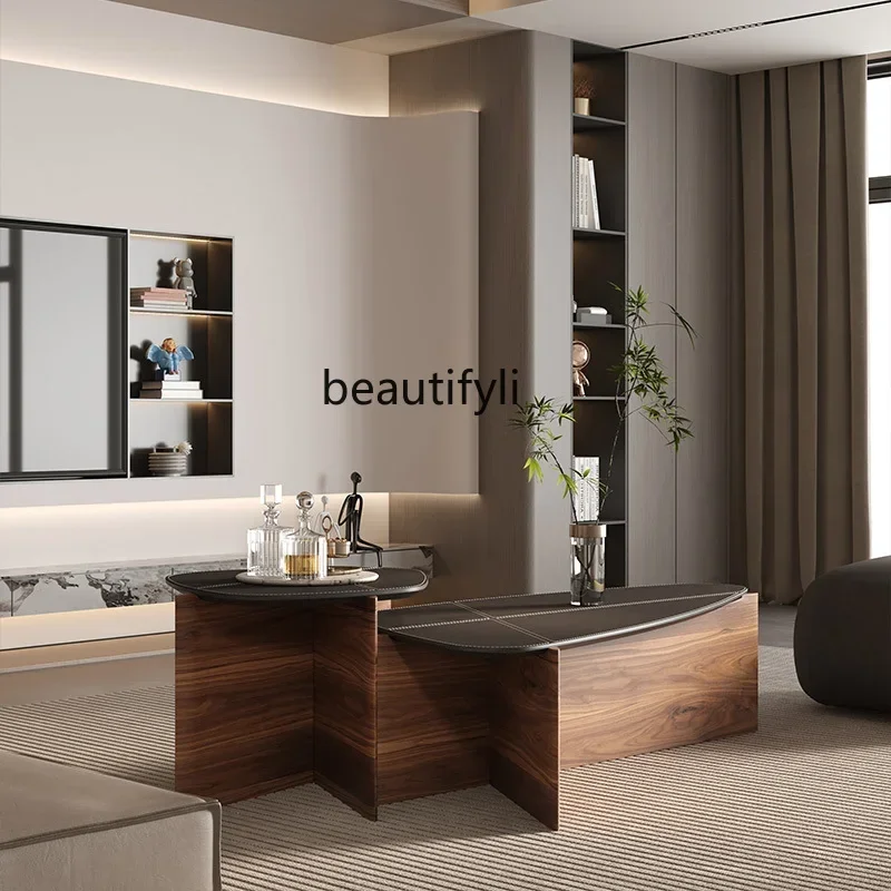 

Italian minimalist solid wood leather coffee table combination modern simple special-shaped coffee table side living roomQ