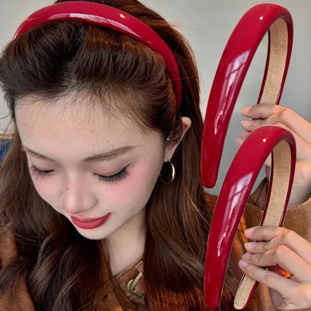 Retro Wine Red Face Wash Anti Slip Sponge Headband Fashion Temperament Hair Hoop Leather Sponge Headband for Woman Female Party