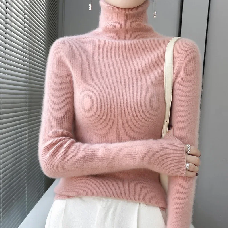 

Female turtle neck slim bottoming pullover in autumn and winter 100% merino wool soft Korean pop pullover.