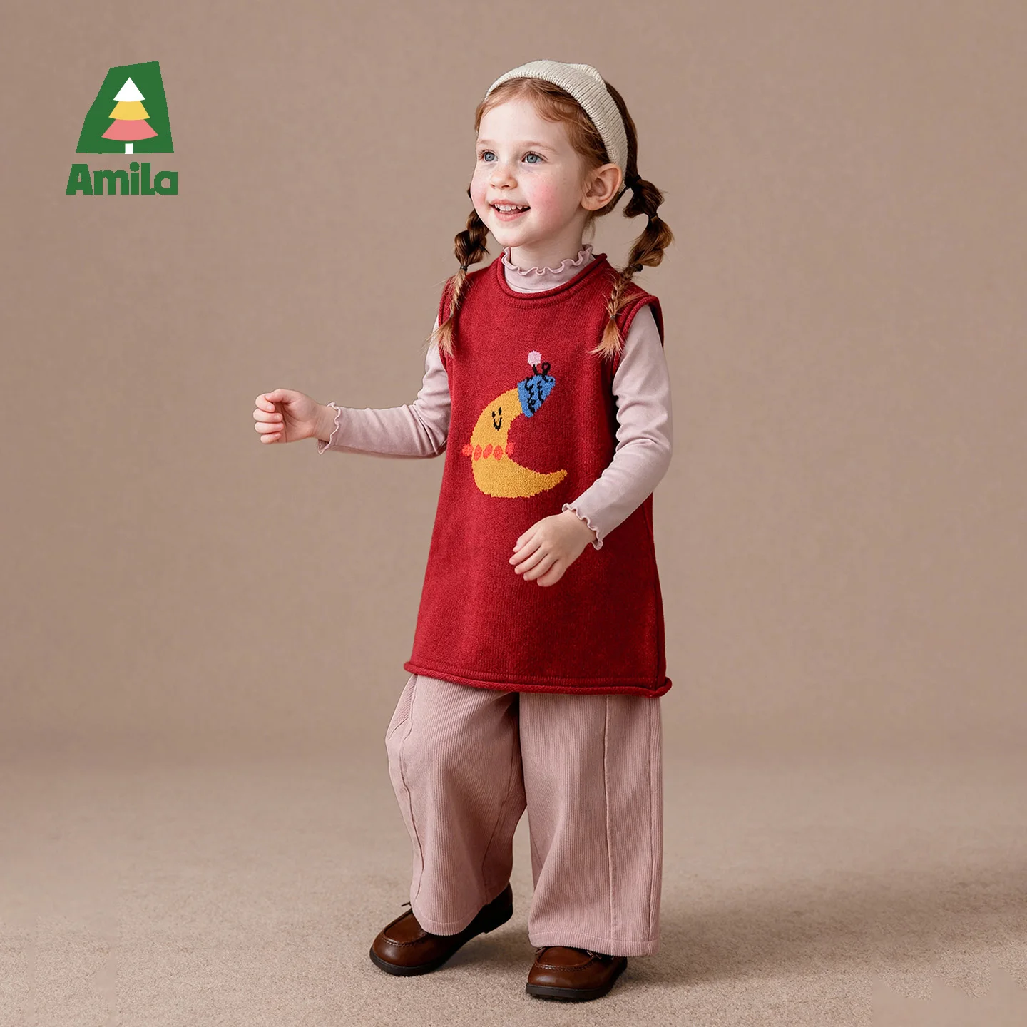 Amila 2026 Autumn New Kids Dress Knit Vest Dress Spot Puppy Jacquard Vintage Cute Daily Wear Fashion Long Sleeve Clothing
