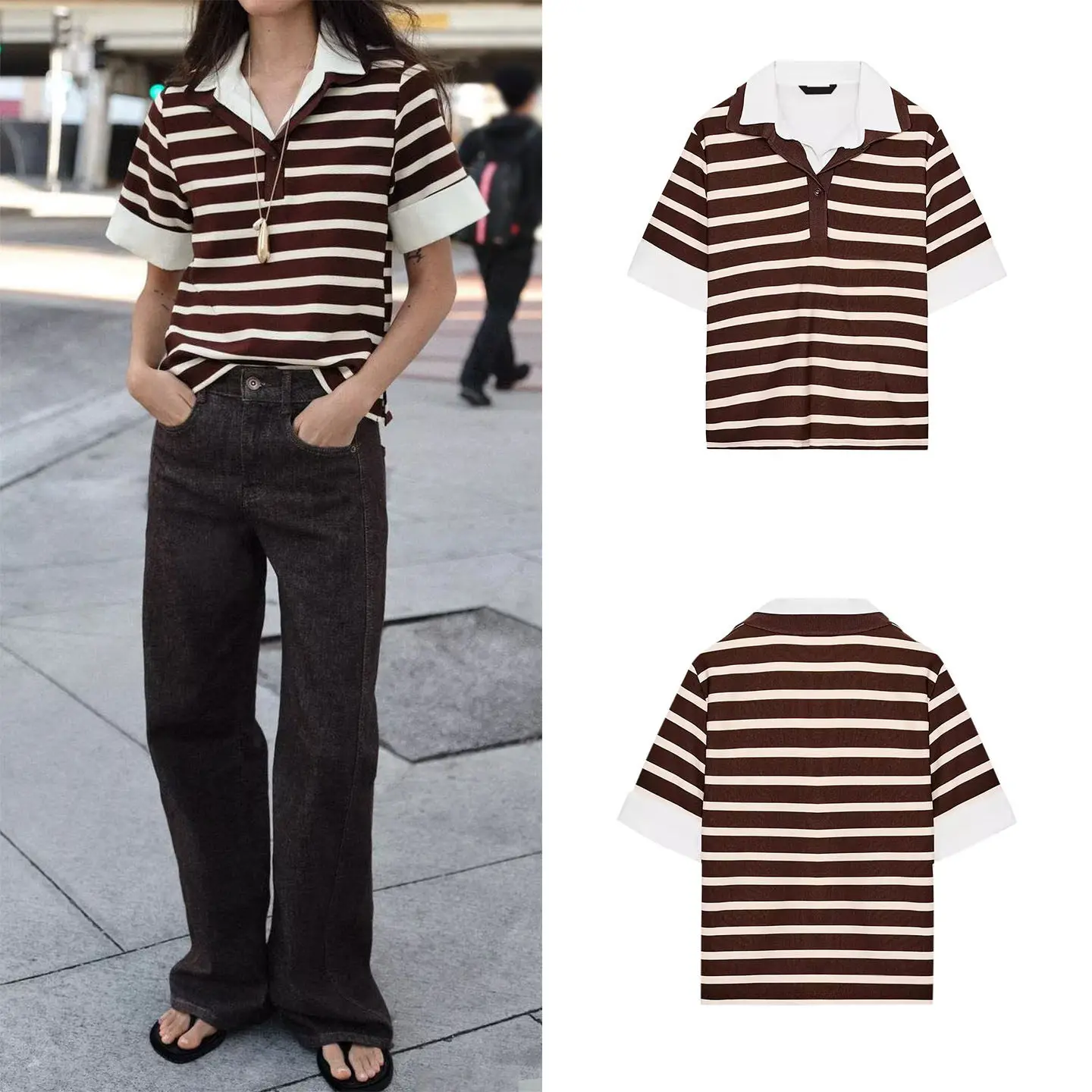 

Fashionable Striped Patchwork Neck Top Women's Spring Clothing Personalized T-Shirt Creative Pattern Loose Fit Short Sleeve