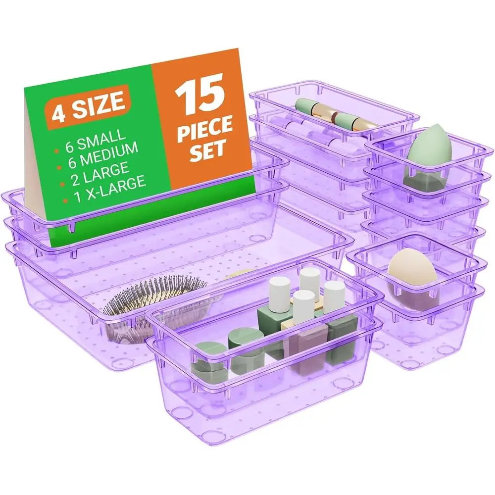 

4-Size Acrylic Makeup Organizer Set, Clear Storage Trays for Cosmetics, Accessories, and More