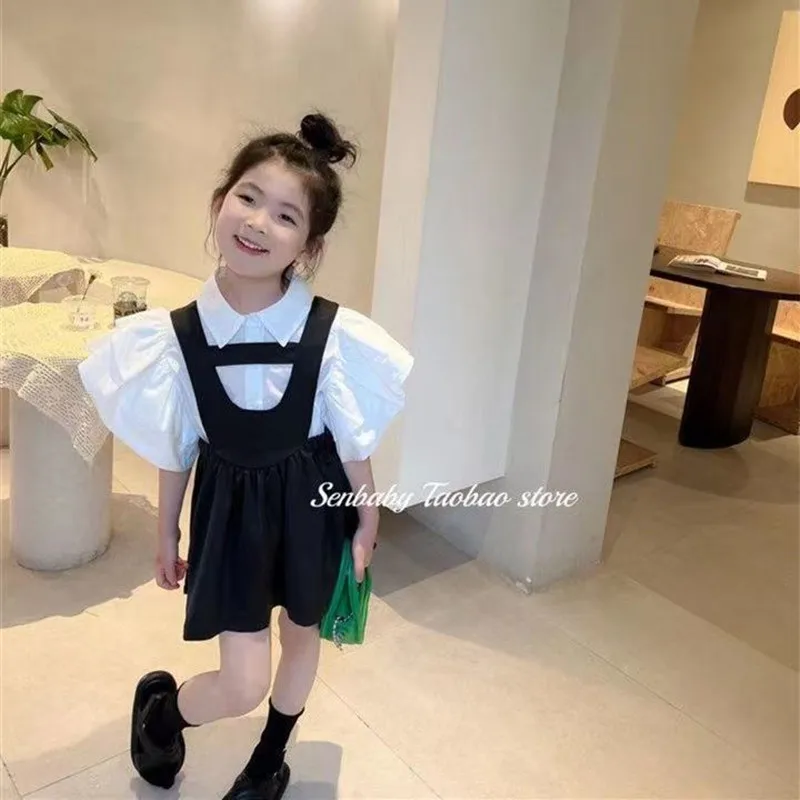 

Kids Girls Short Sleeved Shirt Two-Piece Set 2023 New Summer Clothing Childrens Clothing Top Childrens Strap Skirt Set Thin