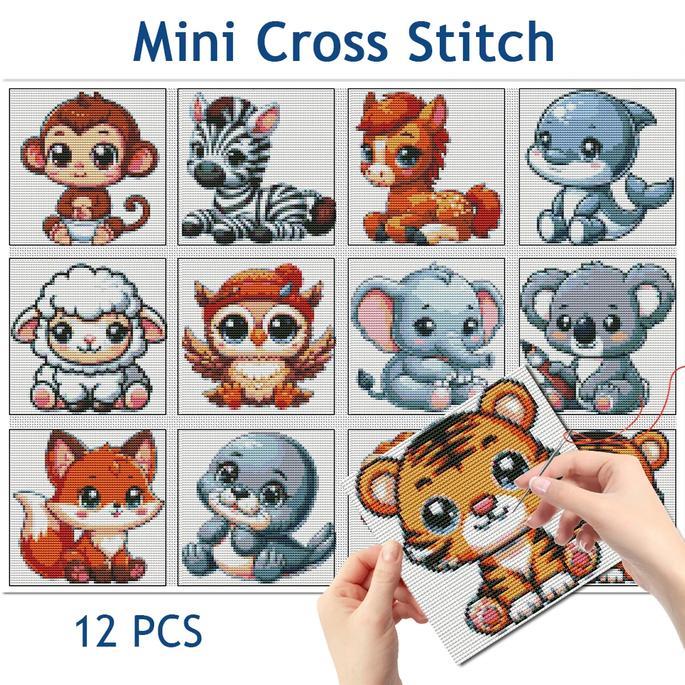 Momoart New Arrival 12pcs Mini Cross Stitch Kits Owl Elephant Needlework Embroidery Fabric Horse Dolphin Tiger Lion Handicraft