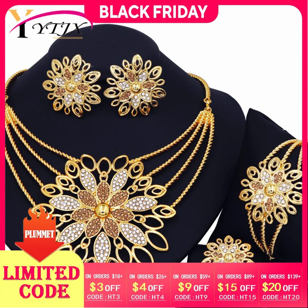 

YTJX Luxury Africal Wedding Jewelry Set 18K Gold Plated Big Flower Necklace Bracelet Earring Ring For Women 2025 Trendy New