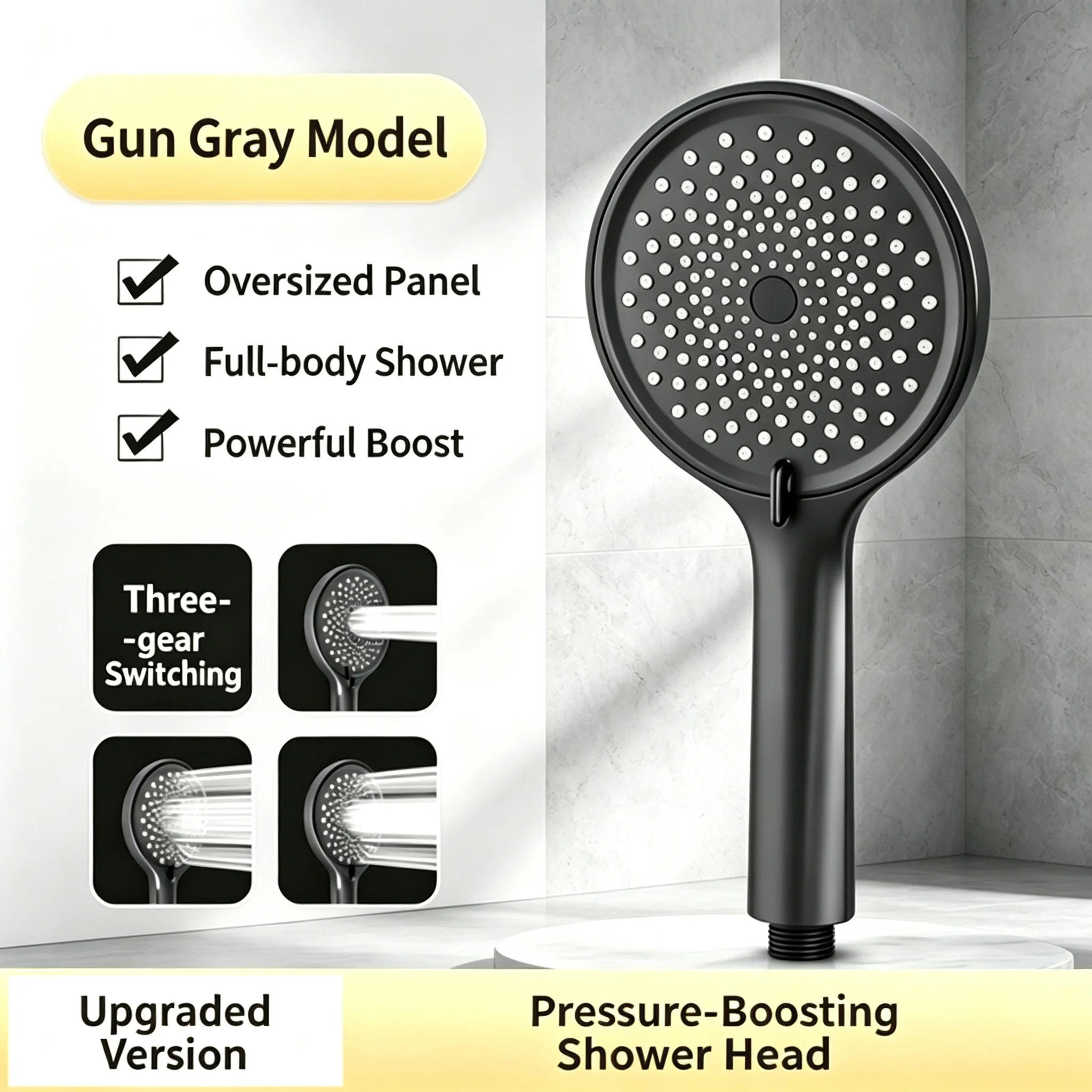 3-Mode High Pressure Handheld Shower Head Large Nozzle Soft Uniform Water Flow Adjustable Gear Plate Daily Home Use
