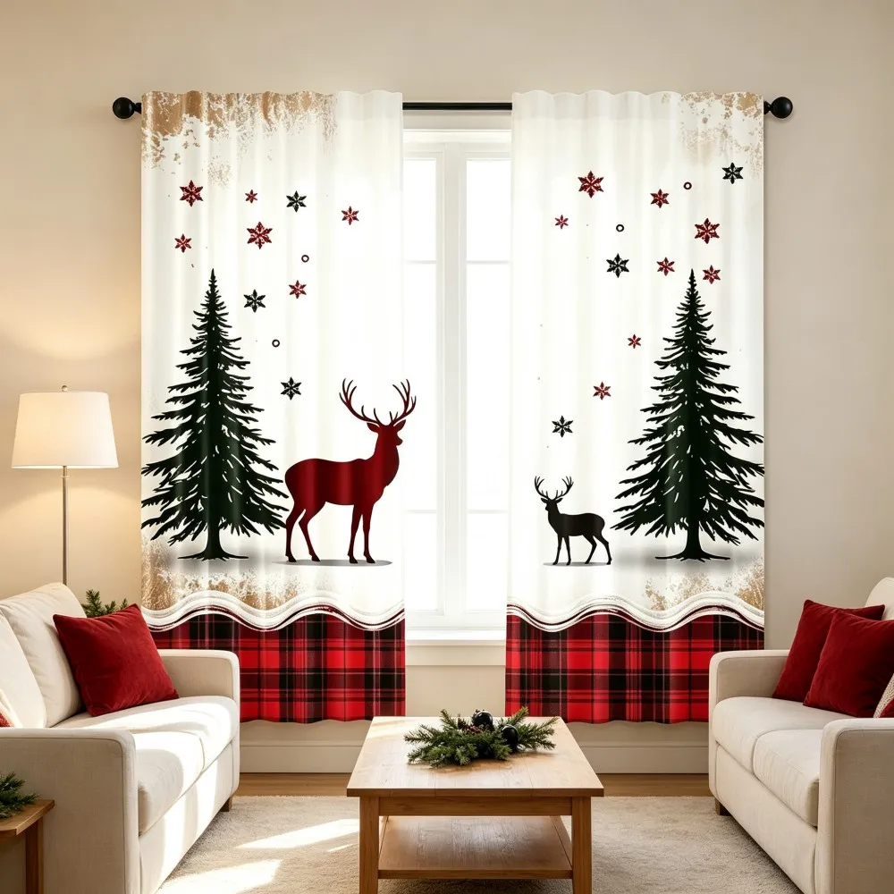 2PCS Christmas Winter Curtains, Vintage Reindeer Tree Snowflake Plaid Winter, Digital Print, Bedroom Living Room, Home Decor