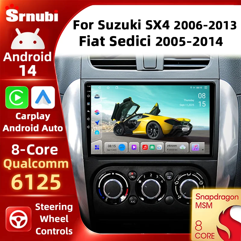 Radio para automóvil con Android Auto, GPS, navegación, reproductor multimedia, Carplay, Qualcomm 6125, pantalla QLED de 8 núcleos, 4G, WIFI, RDS, botón de luz, para Suzuki SX4 2006-2013 y Fiat Sedici 2005-2014 1