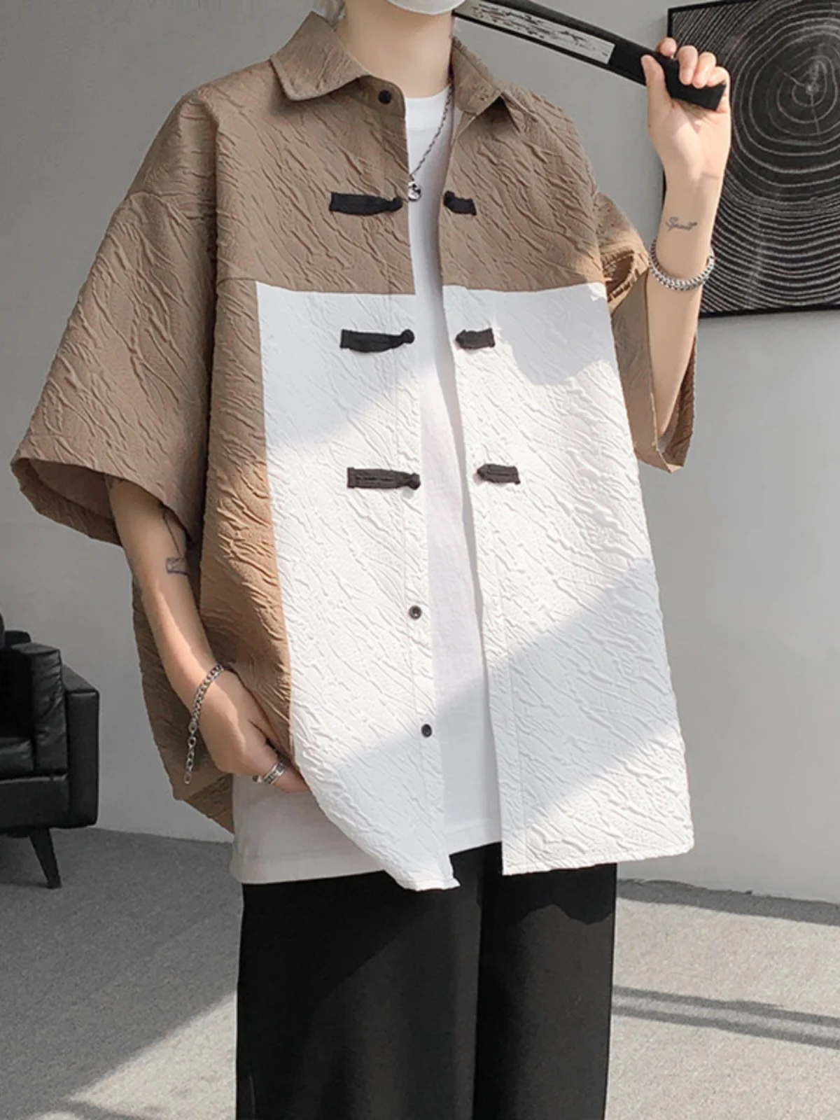 

New Chinese Sle Men's ort Sve irt Thin High-End Texture Button Hanfu Tang Costume Large Size Outerwear Summer Breath...