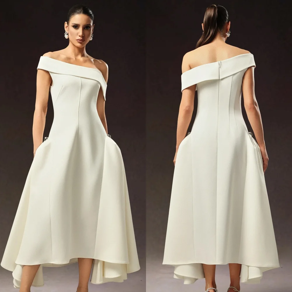 Customized Modern Style Matching Jersey Pleat Rhinestone A-line Off-the-shoulder Tea Length Dresses Bespoke Occasion Dresses