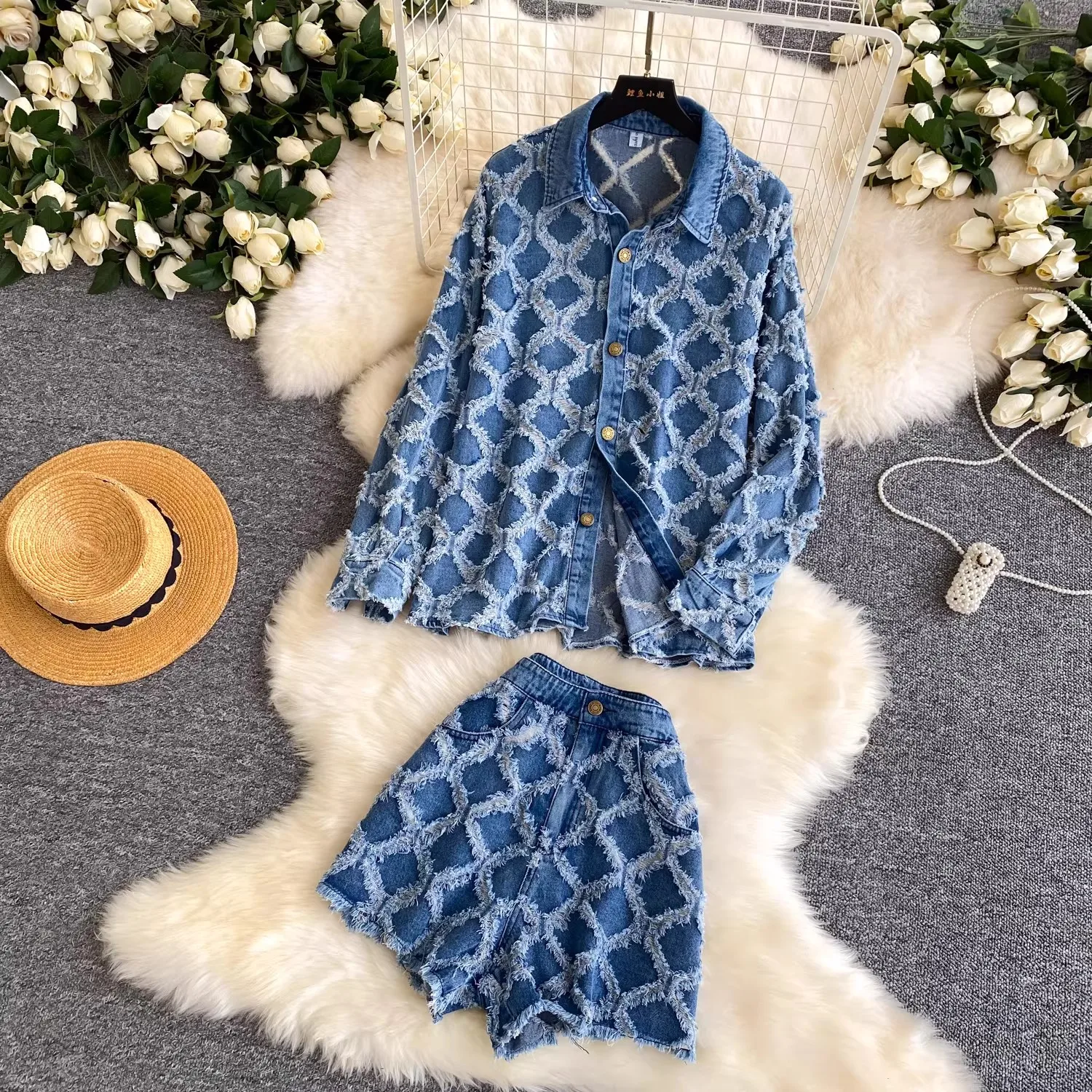 Women's Matching Sets Denim Shorts Set Femme Woman Casual Turn Down Shirts+Short Pant Jean Two-piece Suits for Femininos Women