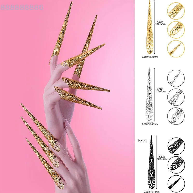 10Pcs Cots for Nail Tips Indian Thai Dance Peacock Belly Dance False Nail Finger Jewelry Hollow Decorations