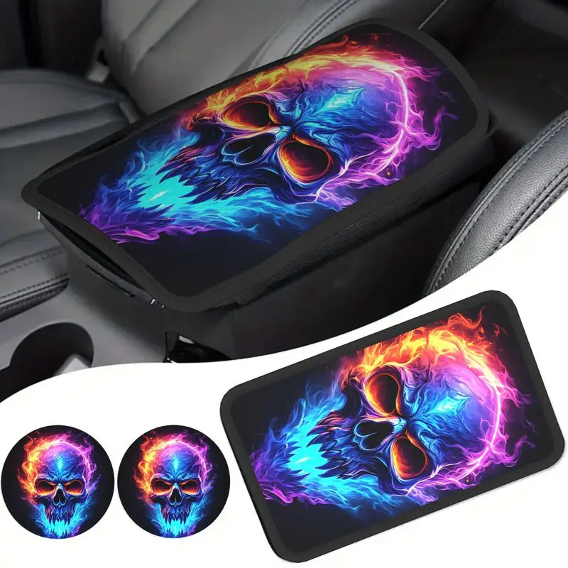 1 Piece Car Armrest Cover + 2 Pieces Cup Coasters Set, Neon Flaming Skull Print, Car Interior Decor Accessories