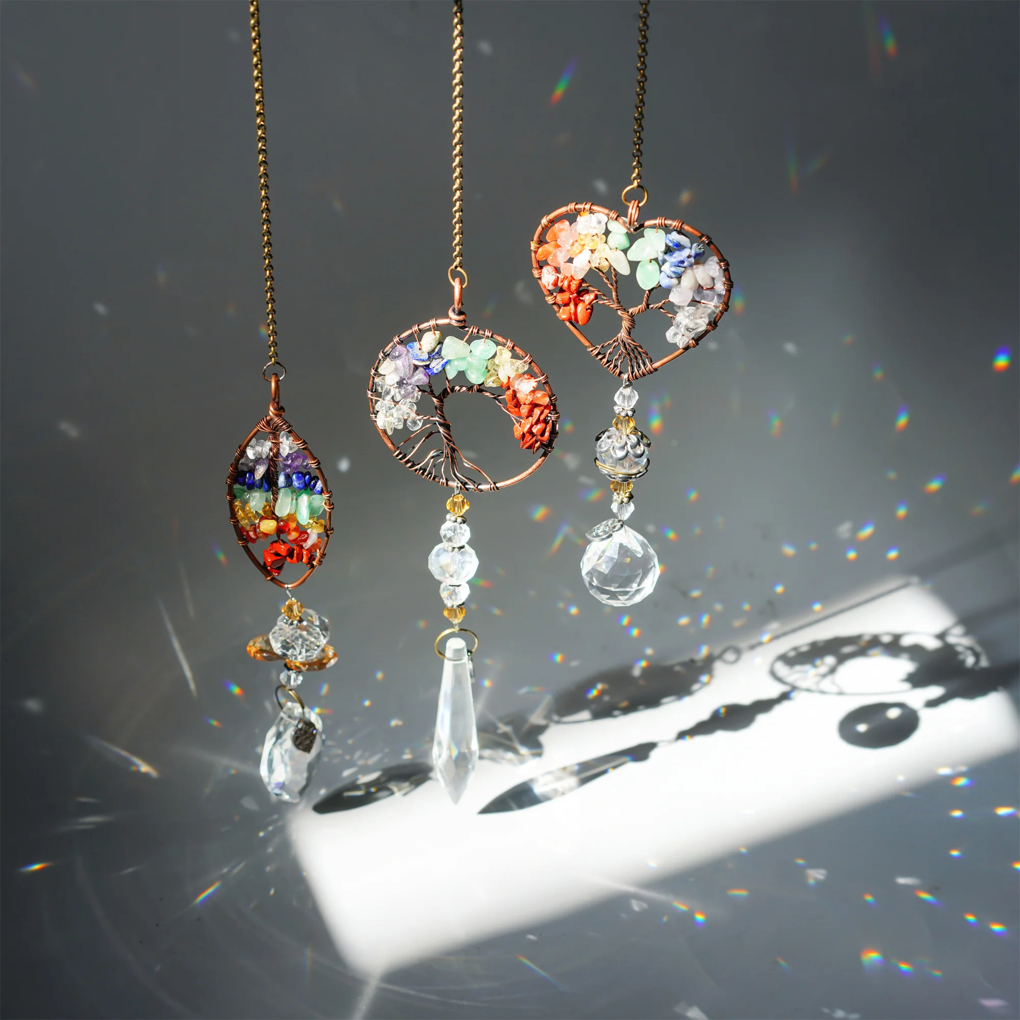 7 Chakra Tree of Life Moon Dream Catchers Crystal Stone Rainbow Natural Gemstones Suncatcher Hanging Home Room Wall Decoration