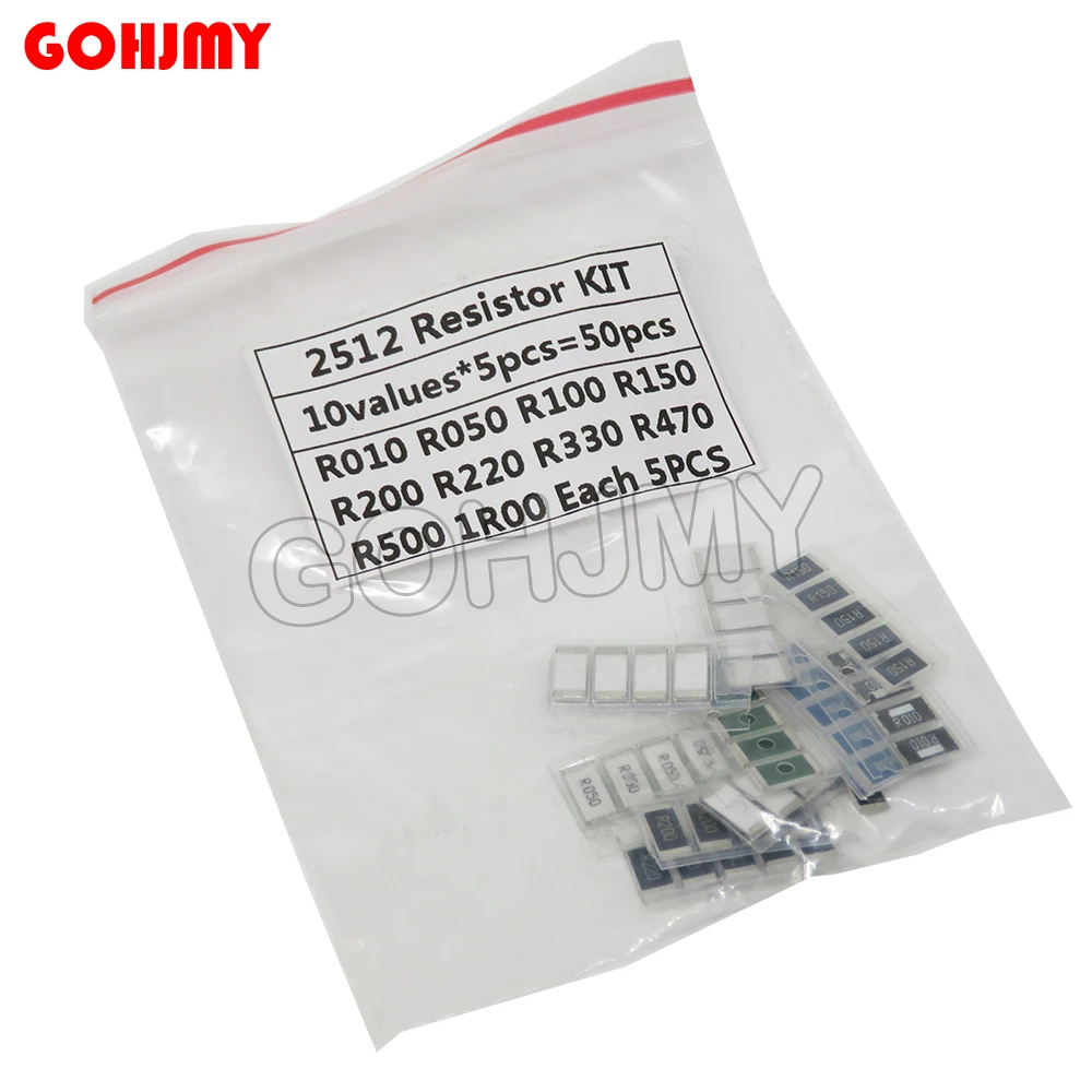 50PCS 1% 2512 SMD Resistor Samples kit 10ValueX5PCS=50pcs 1R00 R500 R470 R330 R220 R200 R150 R100 R050 R010