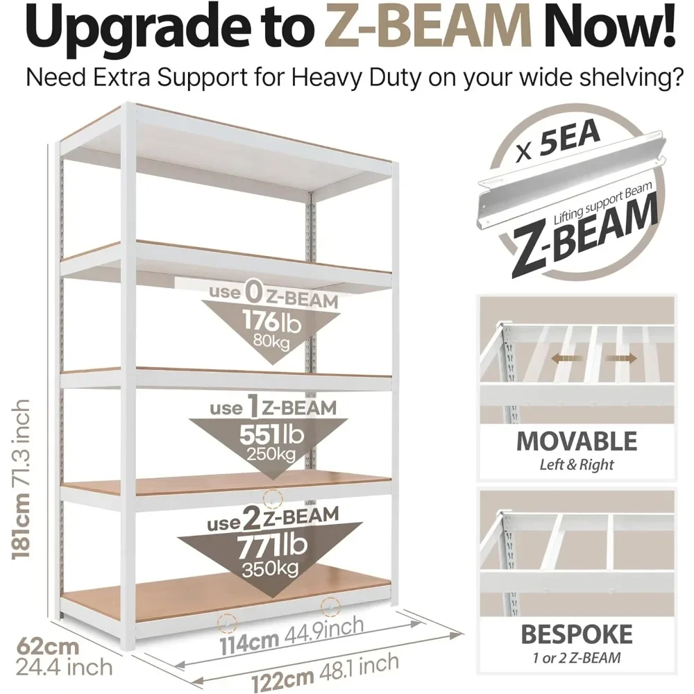 Z-Beam White Heavy Duty Garage Storage Shelving Adjustable 5-Tier Metal Shelves Laminated Shelf Industrial Utility Rack