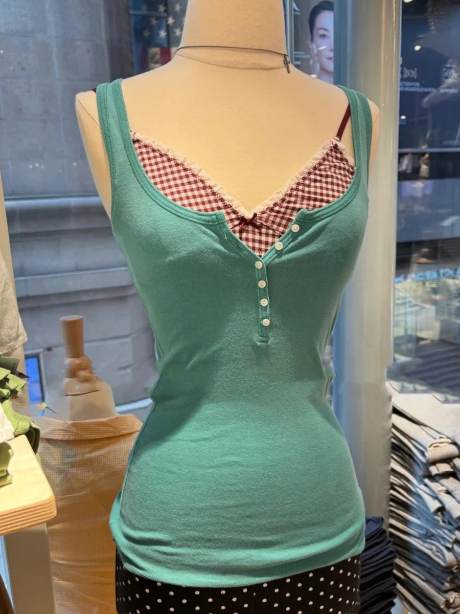 Turquoise Buttons Slim Tank Tops Women Summer New Streetwear Simple All-match Sleeveless Vests Vintage Basic Cotton Camisole Y2K