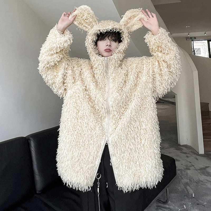 LUZHEN 2024 Winter Men's Jacket Loose Double Zipper Design Faux Fur Hoodies Coat Fashion Warm Trendy Tassels Clothes LZ6342