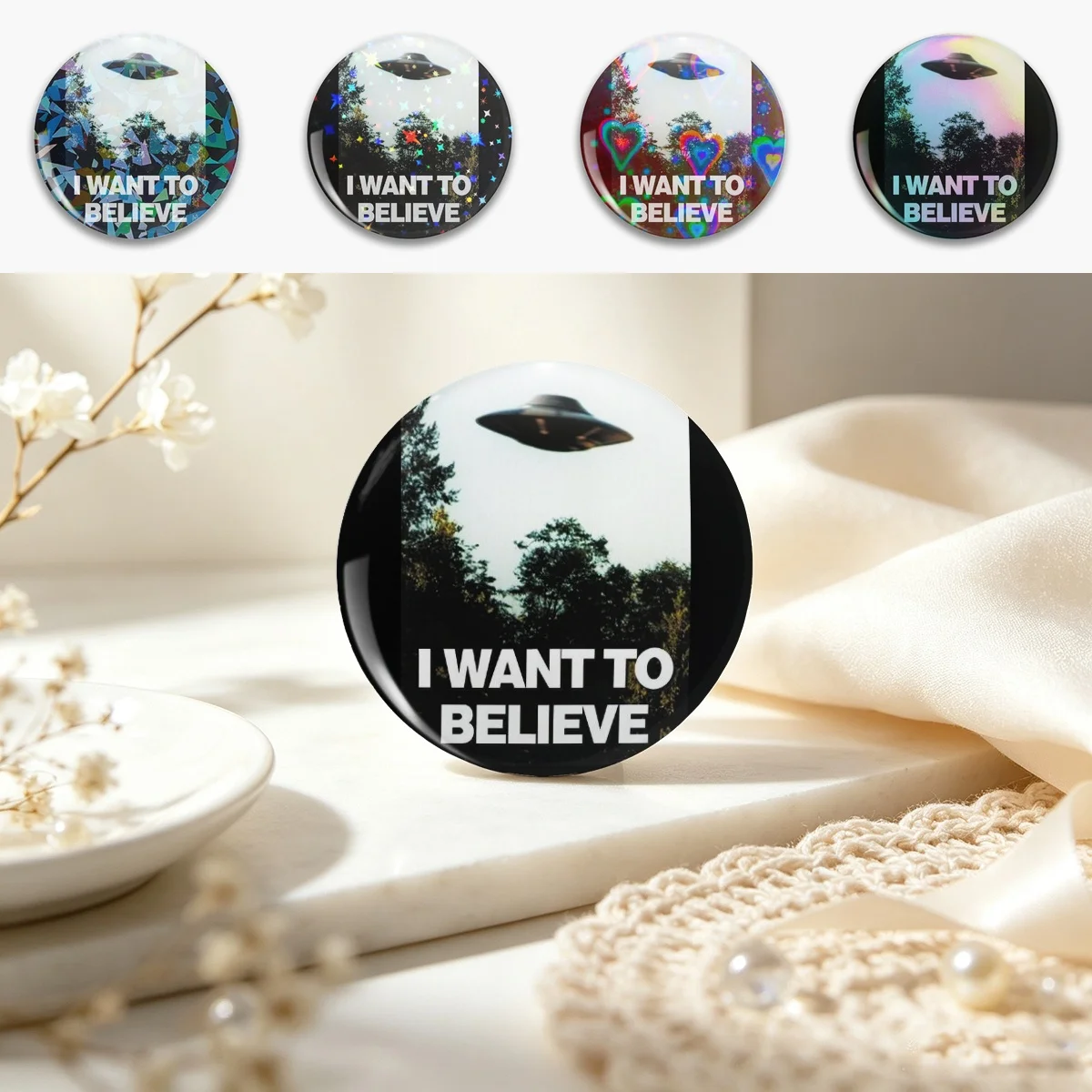 I want to believe Pin Holographic Star Heart Pin Brooches Laminated Button Fashion Accessory