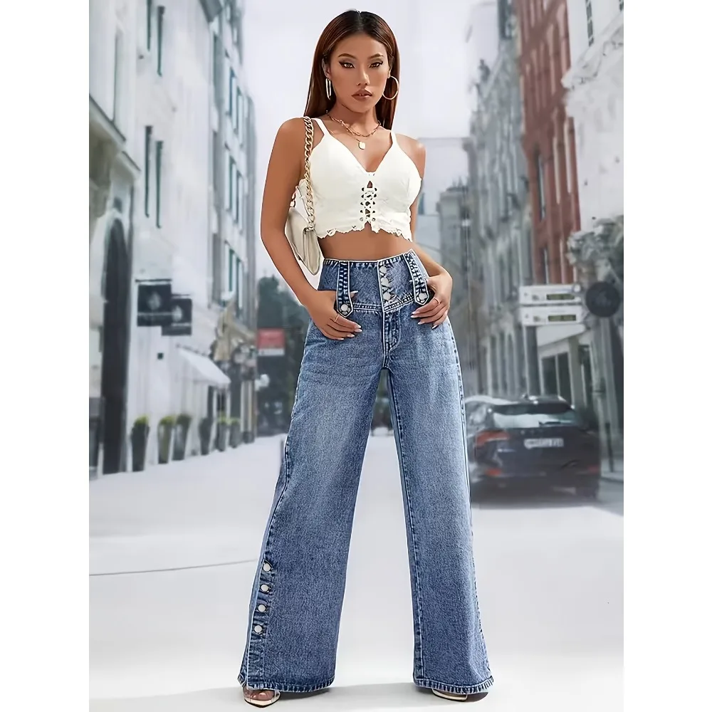 Hong Kong Feng Shui washed high-waisted, big-eared jeans with straight mop, split and slim jeans for ladies.
