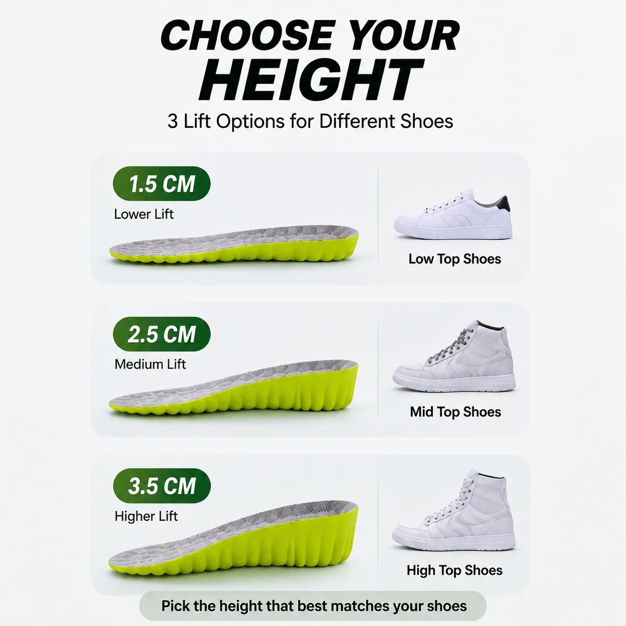 Height Increase Insoles for Men Women 4D Memory Foam Height Booster Shoe Insoles Shock Absorbing Trim‑to‑Fit Comfort Lift Insole