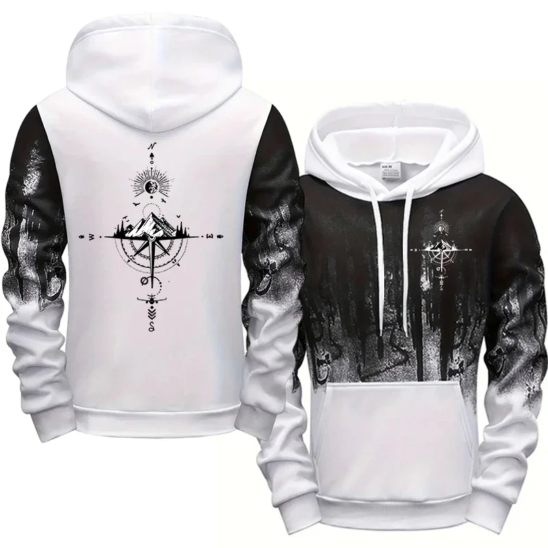 2025 Urban Fashion Streetwear Tops Men's Hooded Sweatshirts Vintage Compass Print Hoodies All Season Daly Casual Sporty Pullover