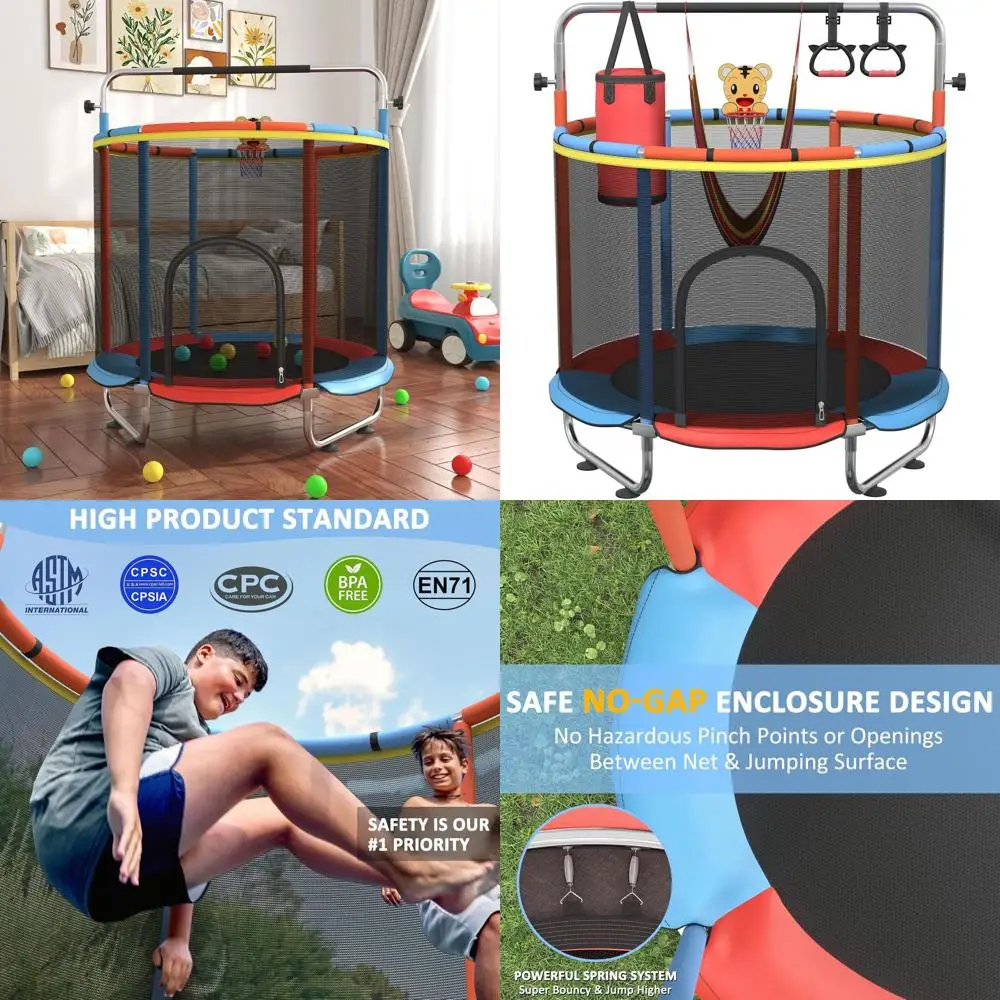 

60-дюймовый батут для малышей от 2 до 4 лет, 5 футов, мини-детский батут для дома с баскетбольным мячом, регулируемый гимнастический бар и игрушки, качели