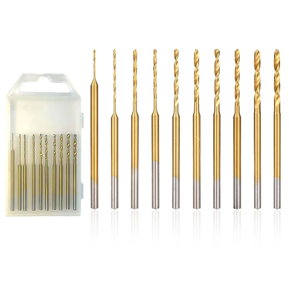 

DIY Drill Bits Mini Drill Bit Set 10 Pieces Set 2.35mm Shank Diameter Efficient Drilling Gold Color High-Speed Steel