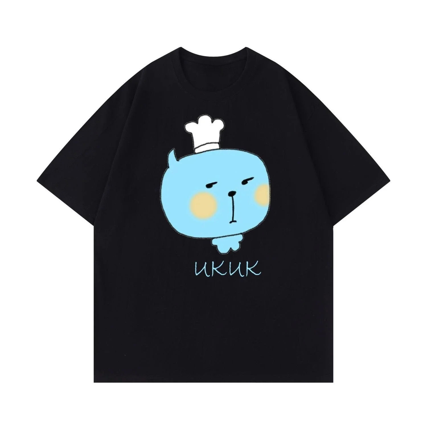 

Мужская черная хлопковая футболка Ukuk Animal Chef с графическим рисунком, свободная посадка с круглым вырезом, милый мультяшный принт с румянами в виде щек, короткая ткань