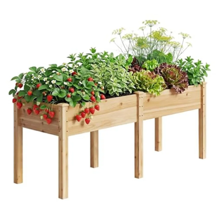 Outdoor elevated garden bed for herbs, flowers, vegetables on patio, balcony, backyard; natural wood; brown; sturdy legs, rot-r